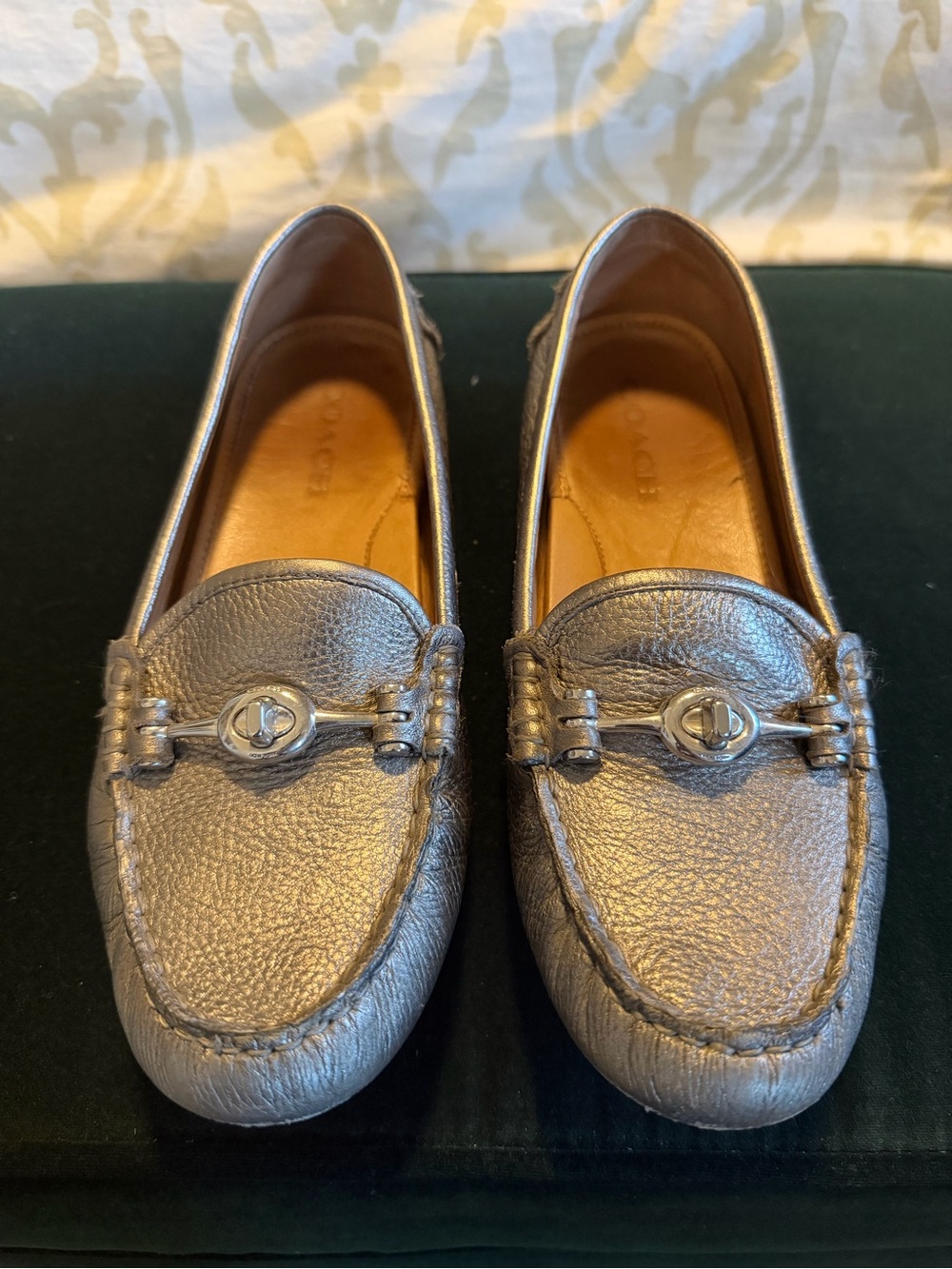 Coach Metallic Pewter Leather Loafers with Turn-Lock